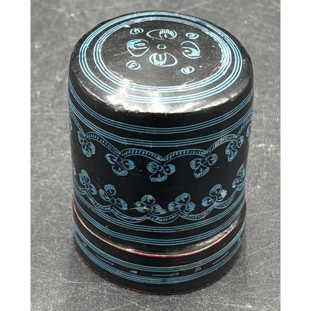 Small Wooden Black Enameled Round Trinket Decorative Can Blue Designs